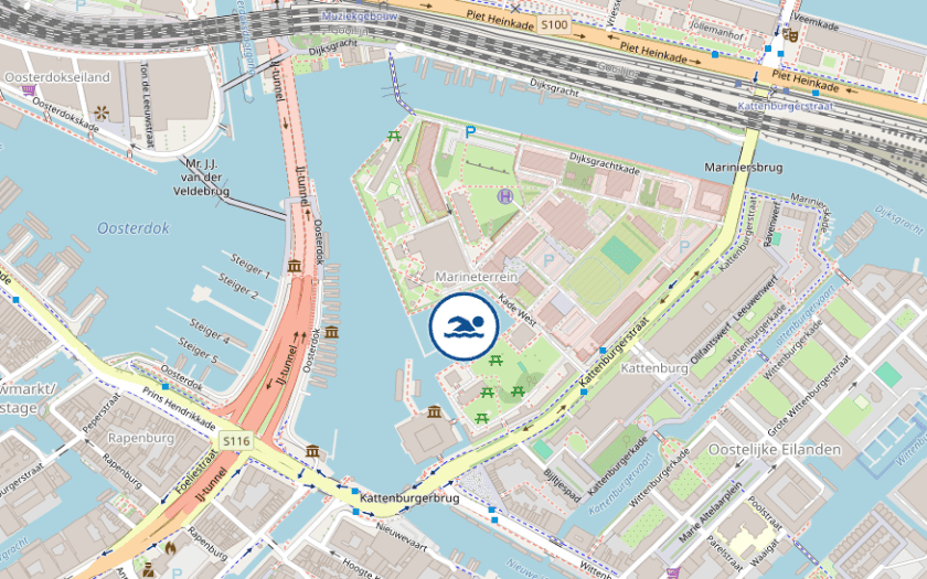 Kaart Open water zwemplek Marineterrein Amsterdam