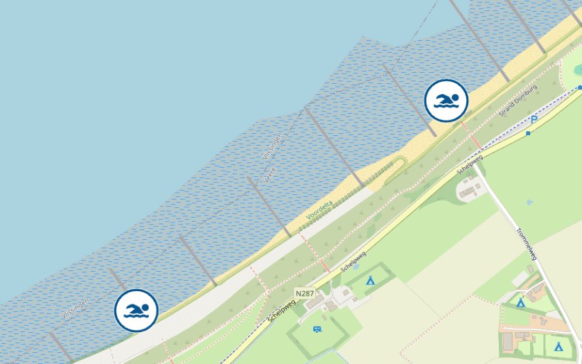 Kaart Open water zwemplek Noordduine Badstrand Domburg